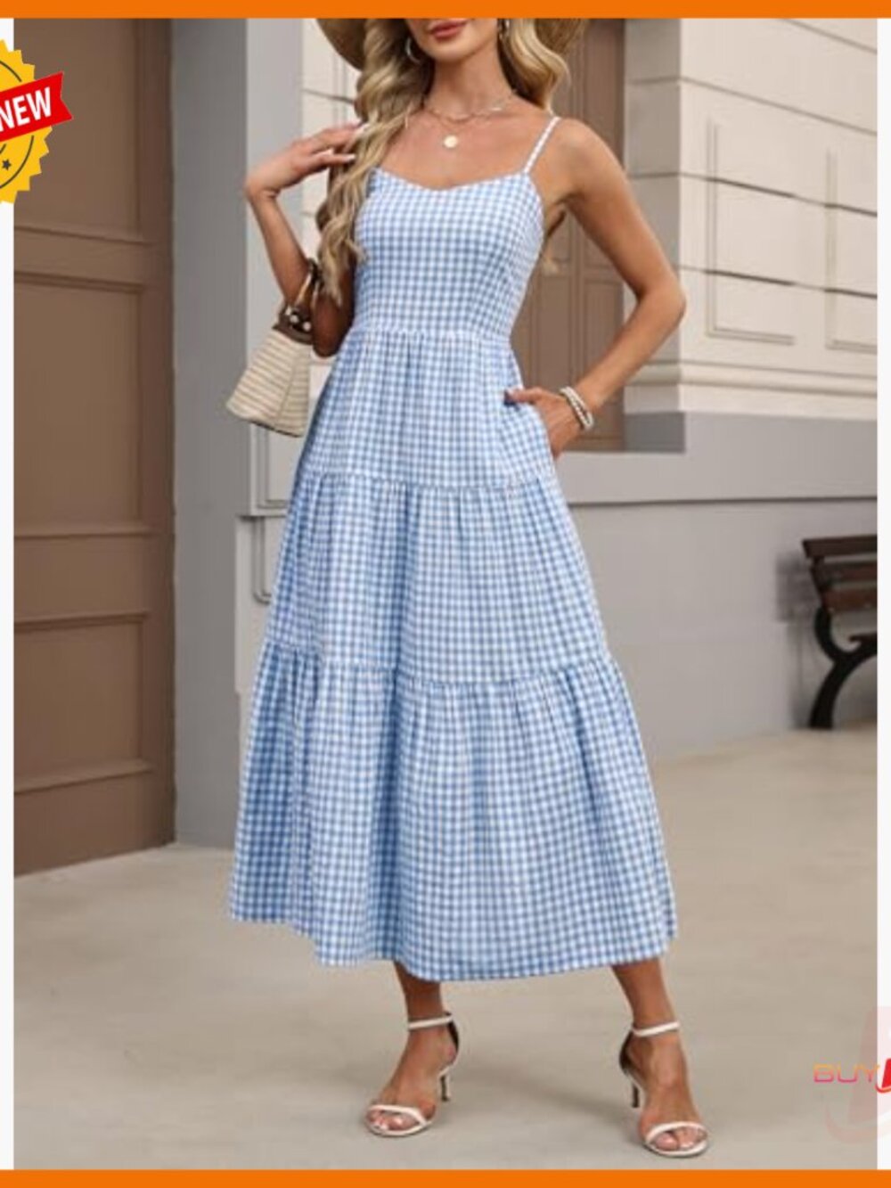 Sleeveless Striped Plaid Midi Maxi Dress, 100% Rayon, Adjustable Straps, Pockets - Picture 2 of 7